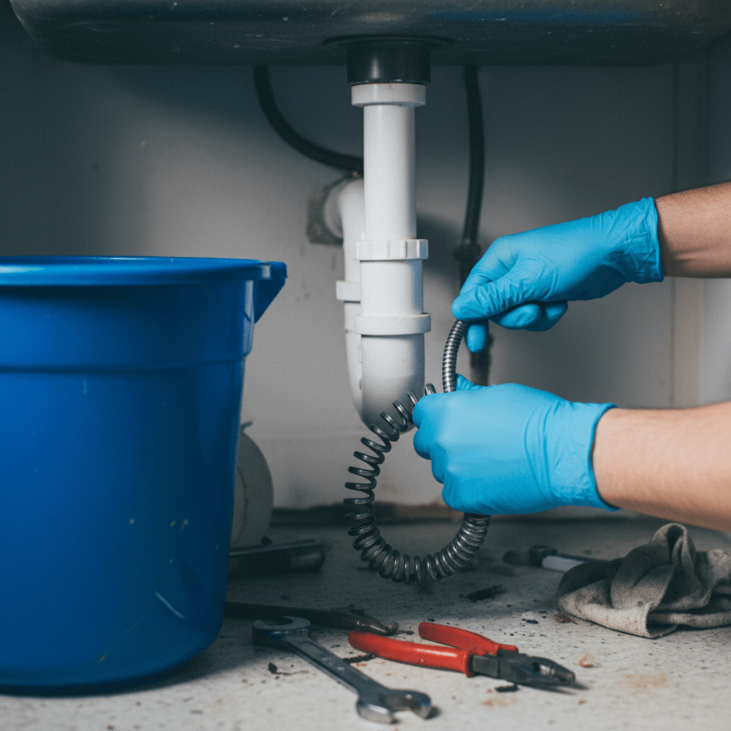 Großaufnahme von Händen eines Fachmanns bei der Arbeit an einem Rohr mit Spezialwerkzeug