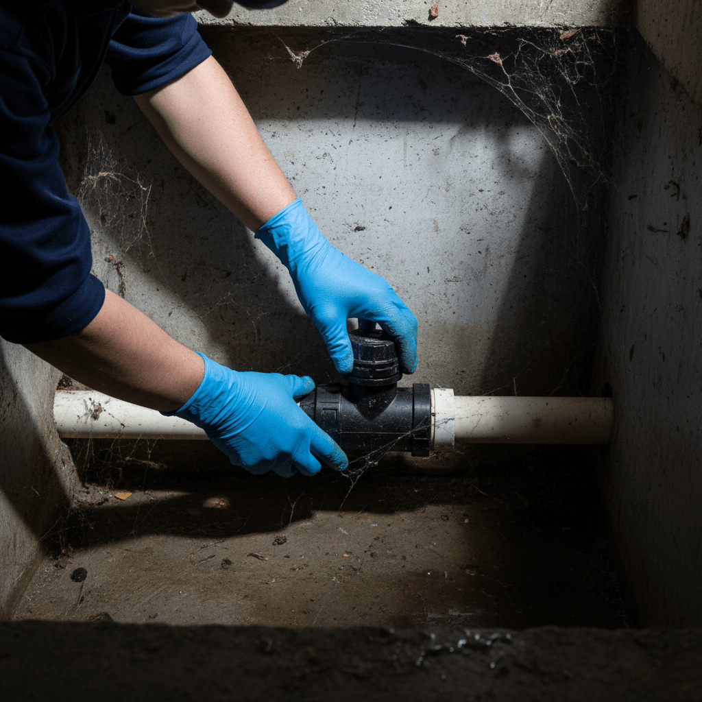 Sanitär Mitarbeiter führt Wartungsarbeiten an einer Rückstauklappe durch
