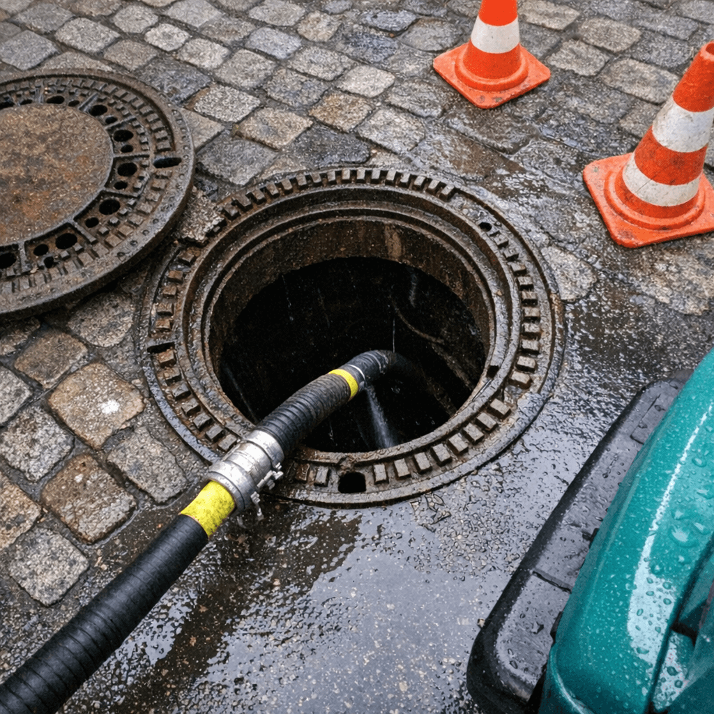 Spezialfahrzeug für Hochdruckspülung reinigt Kanal mit Hochdruckschlauch