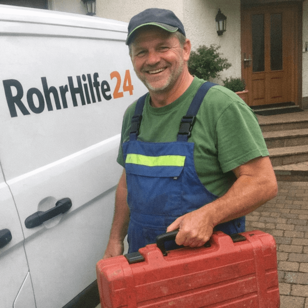 Erfahrener Sanitärtechniker vor dem Einsatzfahrzeug bereit für die Arbeit